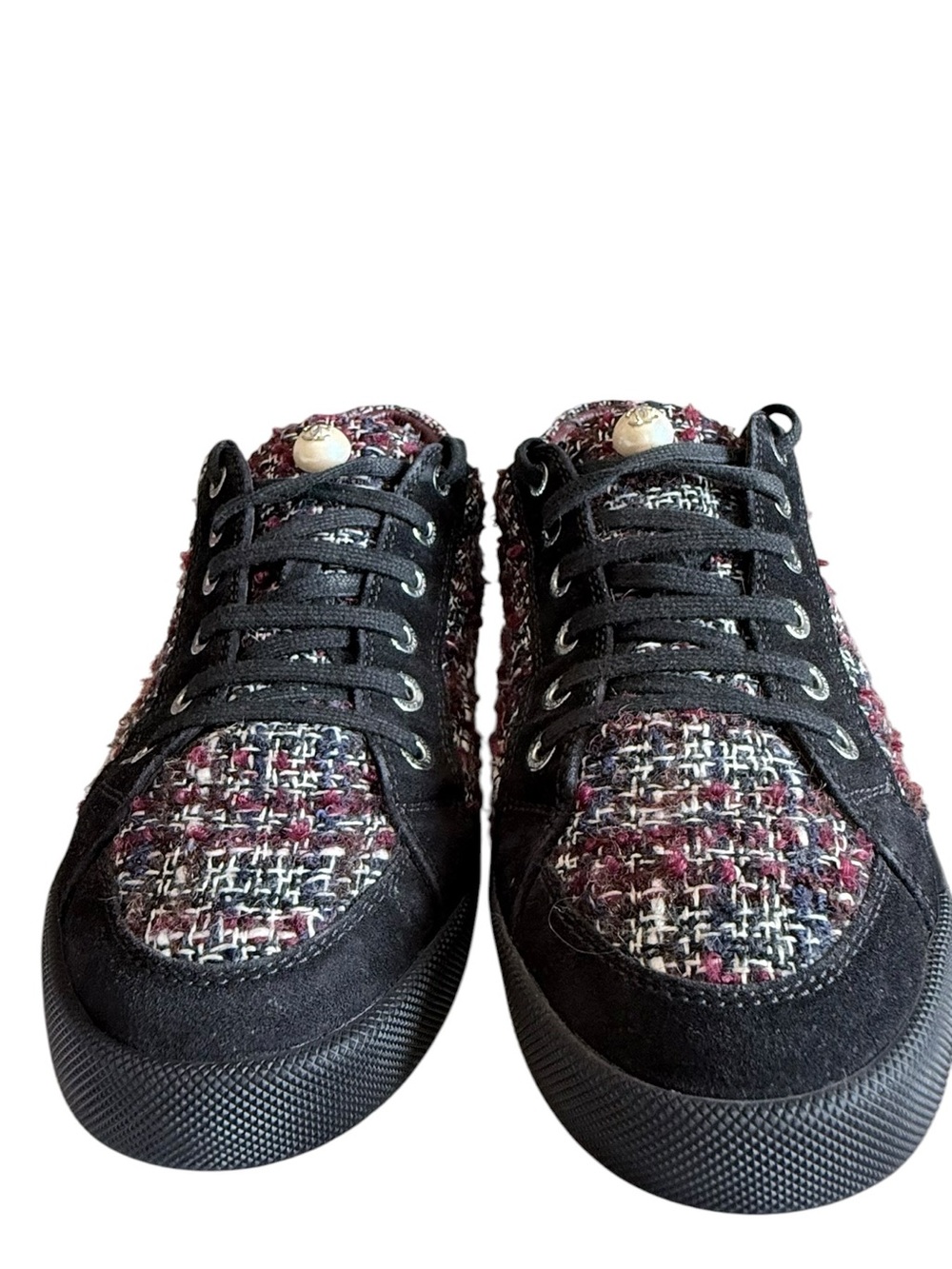 CHANEL Tweed Suede CC Low Top Sneakers Burgundy Black Size 39